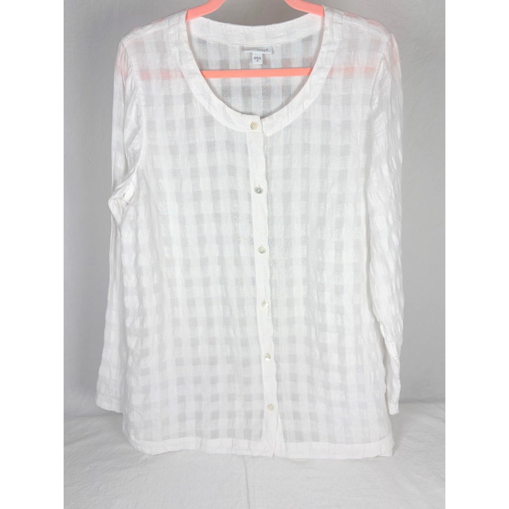 Pure Jill White Linen Cotton Semi Sheer Checkered Button Front Top Womens Med